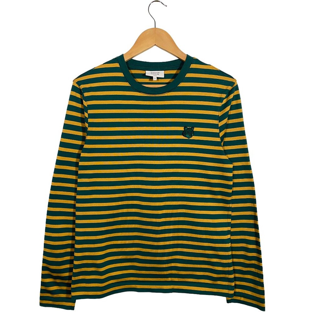 Maison Kitsune Fox Head Striped Long Sleeve Cotton Tee Green / Yellow men's XS